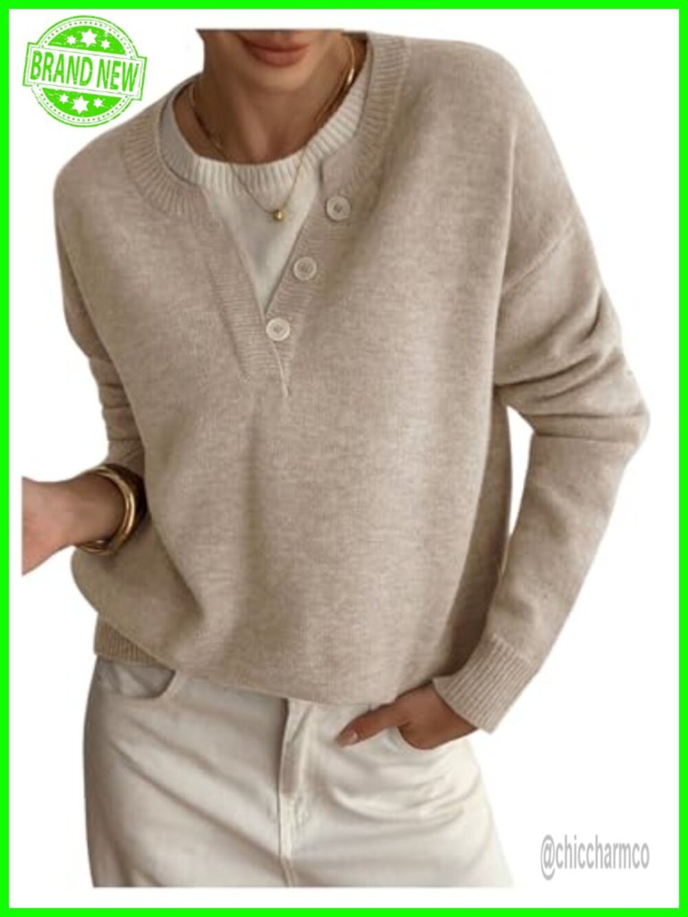SOLY HUX Women's Henley Sweater Long Sleeve Button Front Pullover